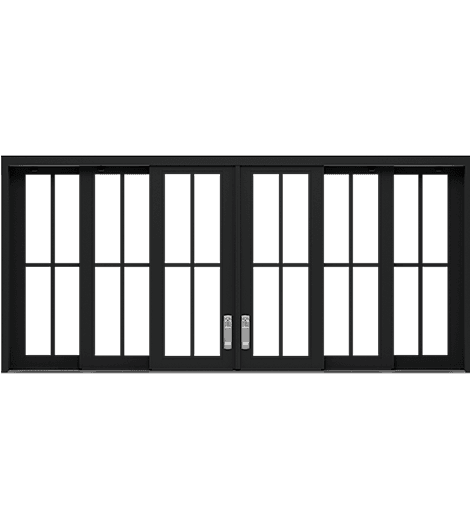 A six-panel contemporary multi-slide window with silver hardware.
