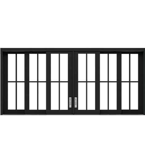 A six-panel contemporary multi-slide window with silver hardware.