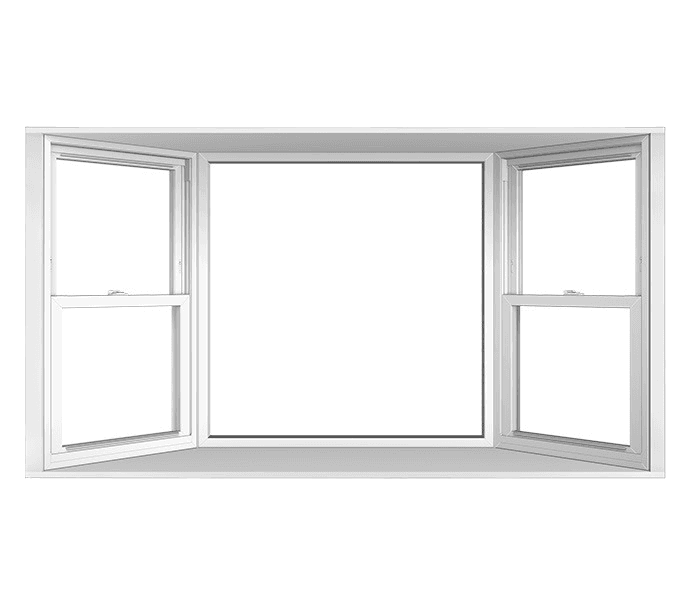 A white three-panel bay window with two side openings, showcasing a modern design.