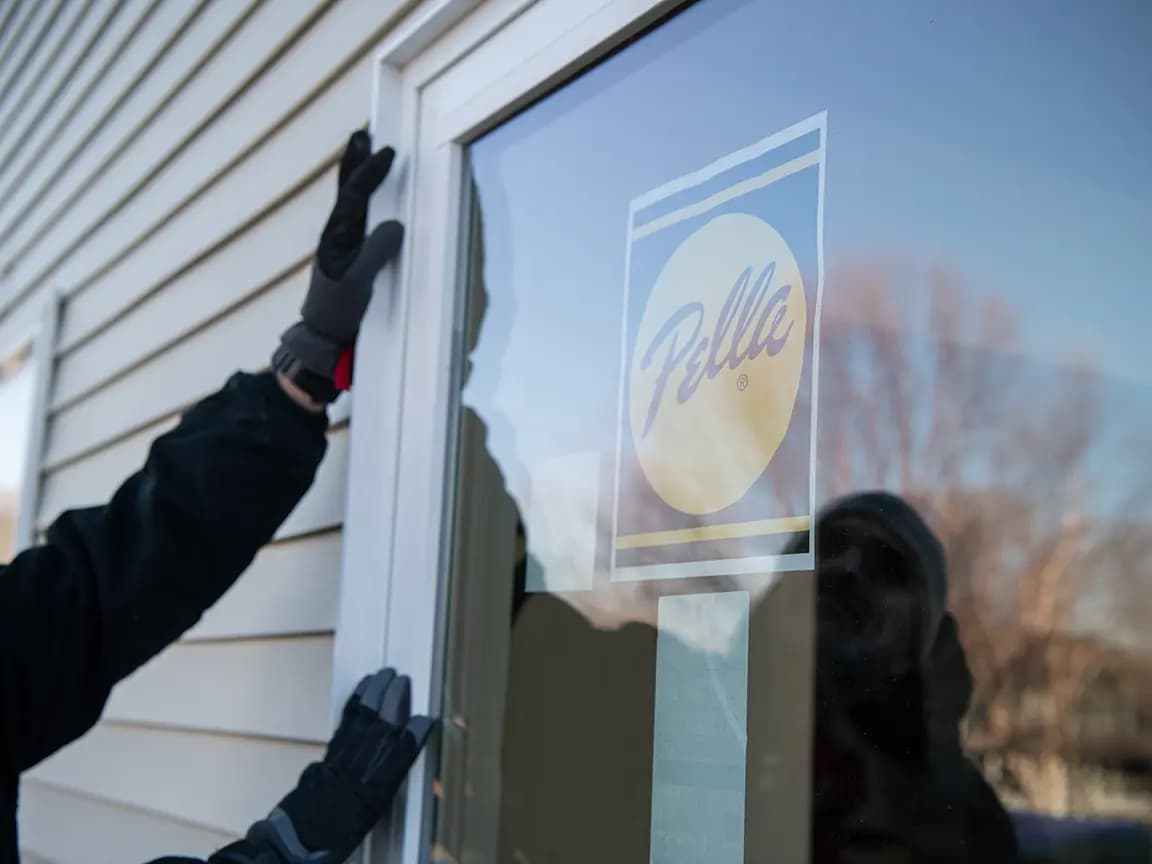 Pella window installation: gloved installer fitting a new window into a vinyl-sided home during residential window replacement