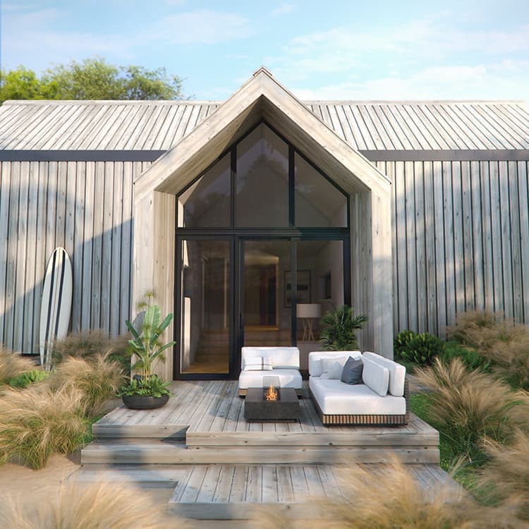 The exterior of a custom home featuring an entry way with brown hinged doors and a large triangle transom above the door.