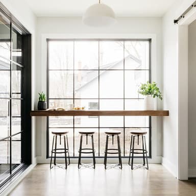A modern kitchen with a wooden bar and four stools, featuring a large floor-to-ceiling window.