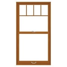 Top Row Brown wooden sash window with three-pane upper section and large clear lower pane