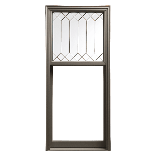 single-hung window with custom beveled glass on the top pane