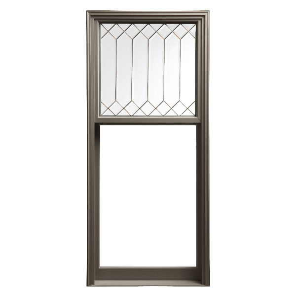 single-hung window with custom beveled glass on the top pane