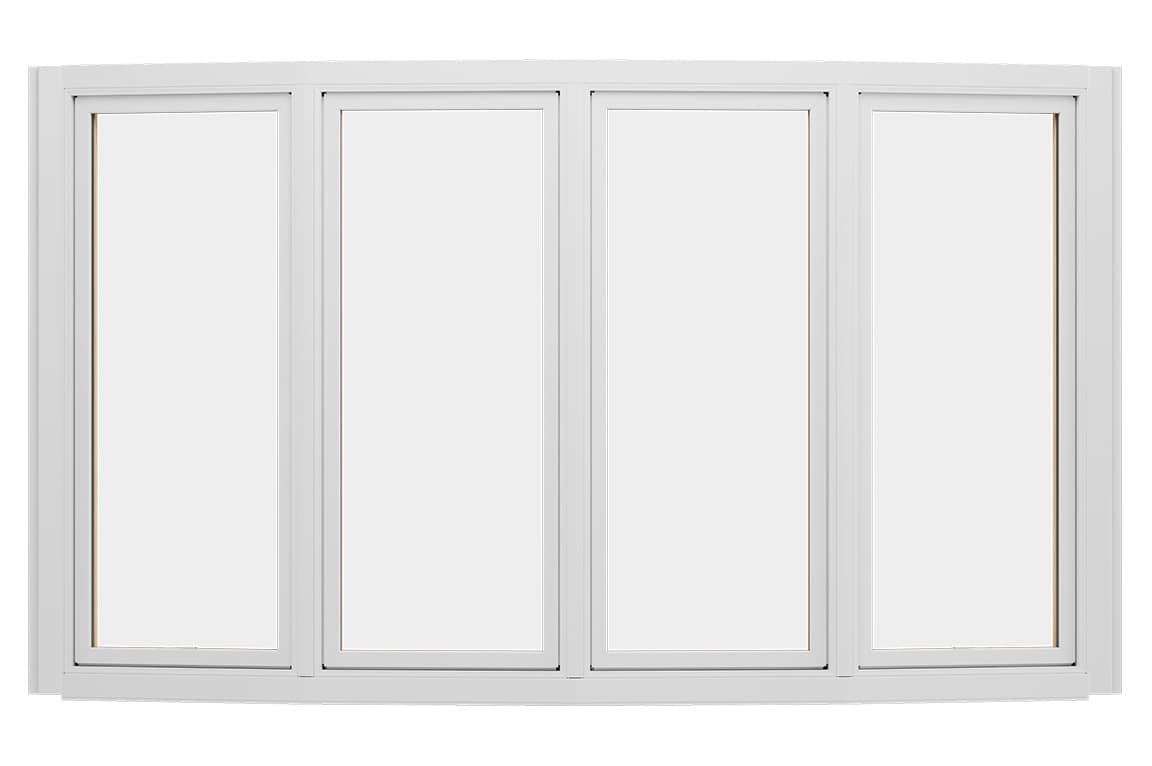 A modern white bow window featuring four large panes, ideal for enhancing natural light.
