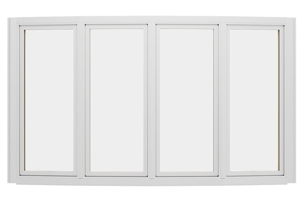 A modern white bow window featuring four large panes, ideal for enhancing natural light.