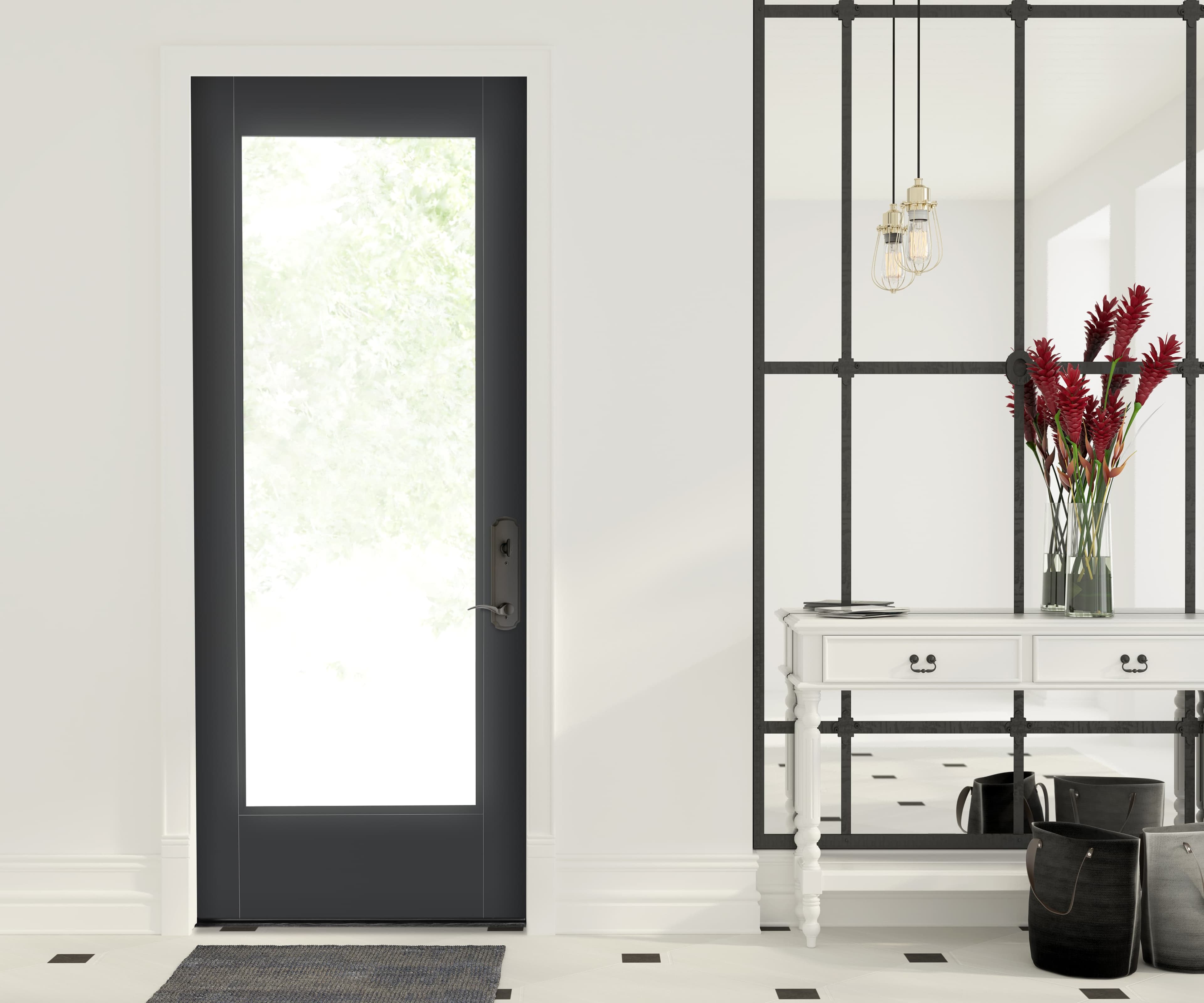 Full Glass Exterior Door Highlights Minimalist Design Modern full glass exterior door in white entryway