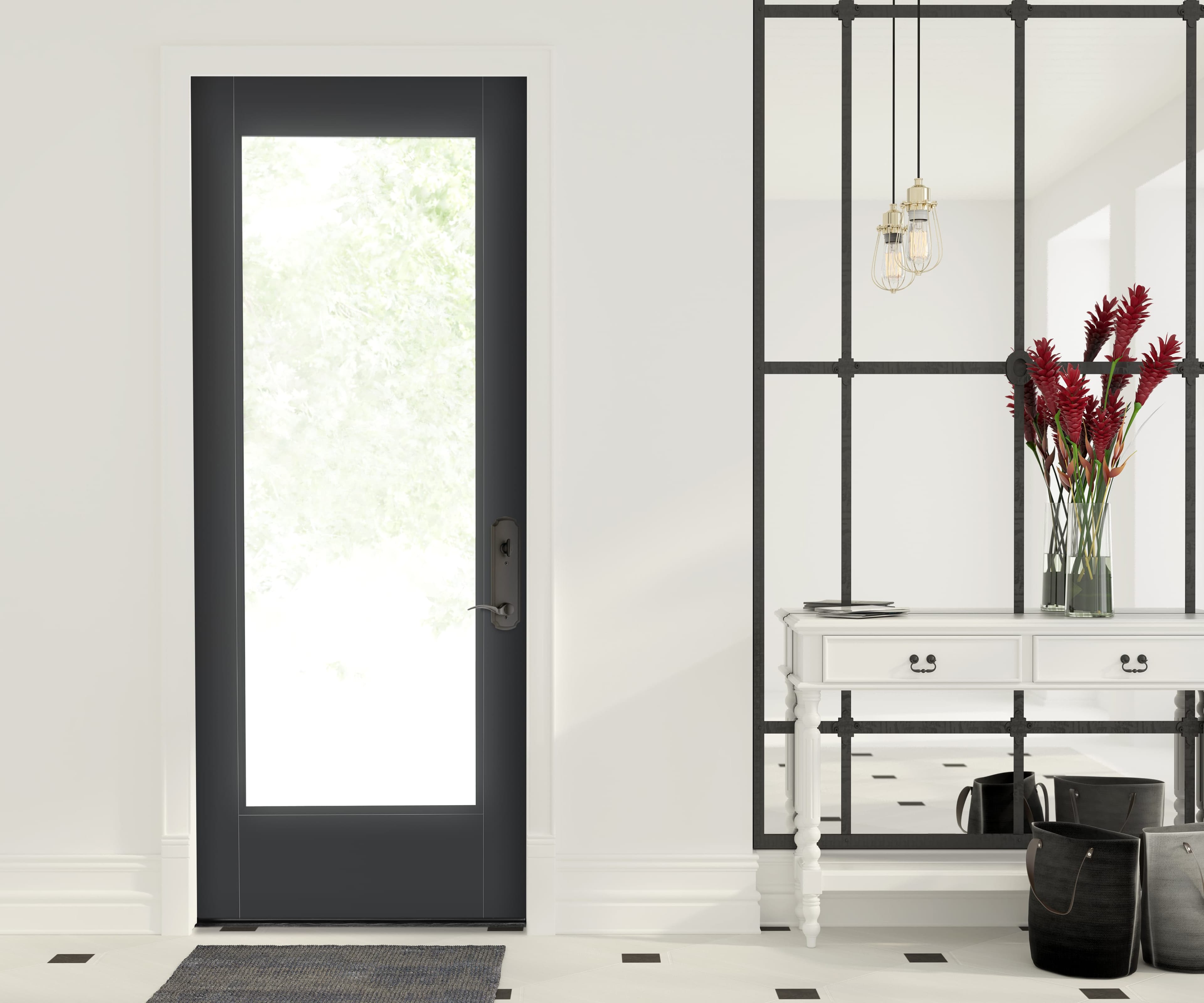 Full Glass Exterior Door Highlights Minimalist Design Modern full glass exterior door in white entryway
