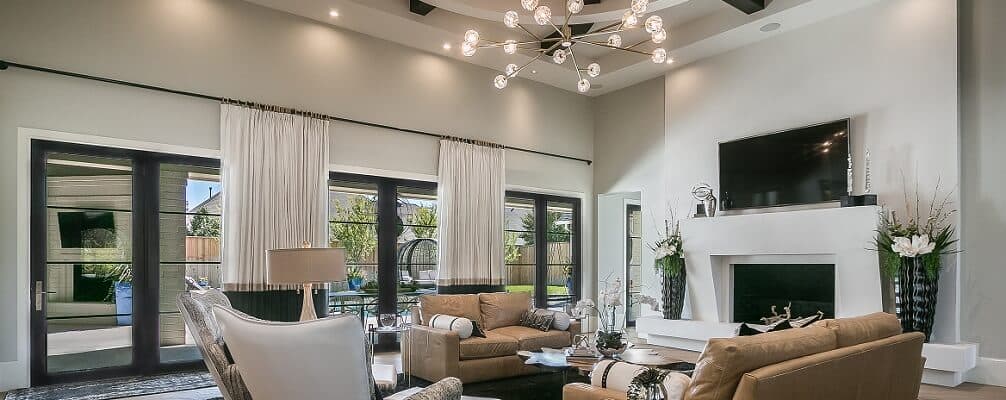Wall Of French Doors Shed Light On Modern Living Room Row of three black french doors in modern style living room