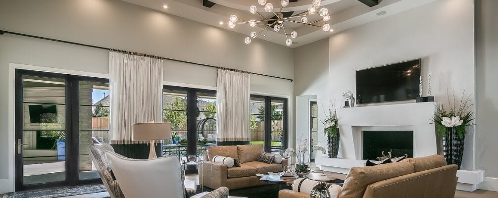 Wall Of French Doors Shed Light On Modern Living Room Row of three black french doors in modern style living room