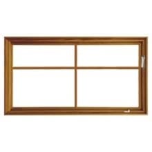 Cross Brown wooden window frame with four rectangular panes divided by cross muntins and a right-side metal latch