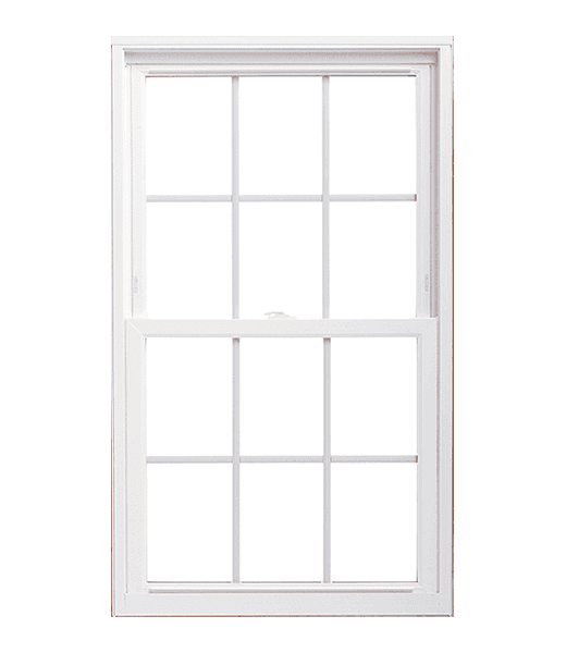 White double-hung window with 6-over-6 grid (vinyl frame), isolated on a white background