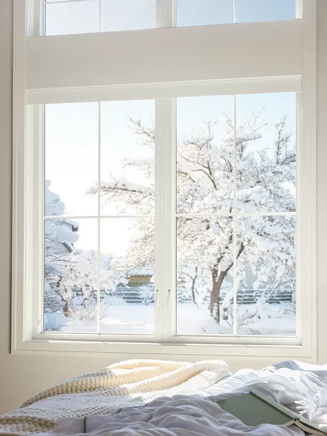 Bright bedroom window overlooking snow-covered trees and yard, cozy bed with cream knit blanket and book in the foreground.