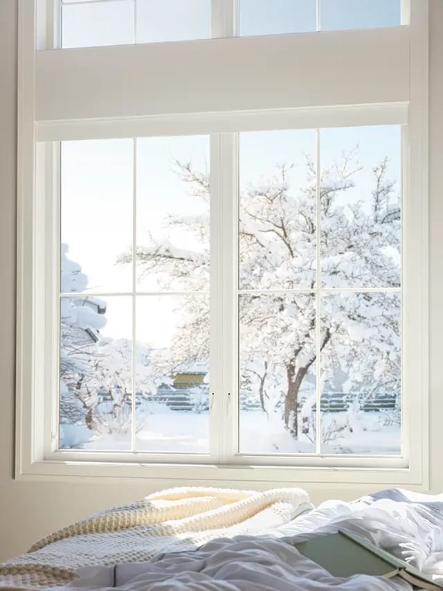 Bright bedroom window overlooking snow-covered trees and yard, cozy bed with cream knit blanket and book in the foreground.