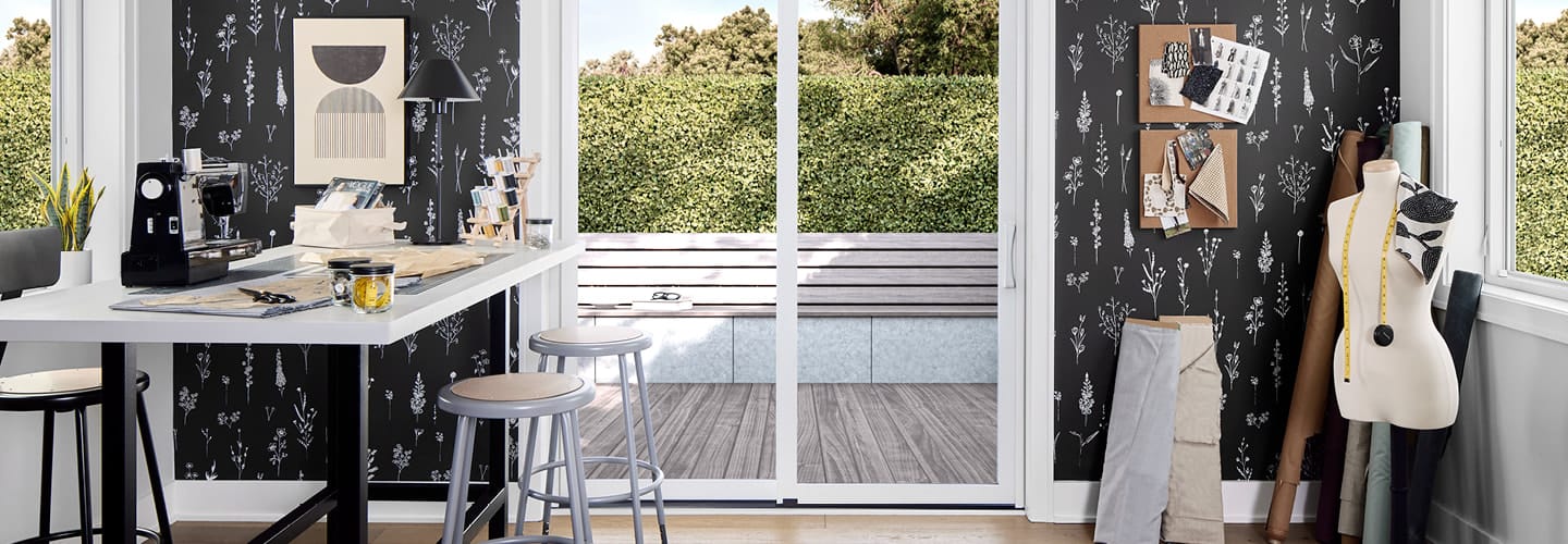 impervia sliding patio door in a sewing room with a sewing machine