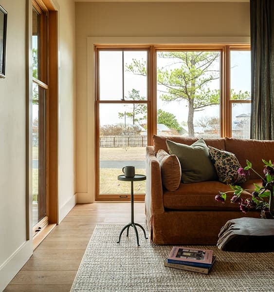 Traditional wood windows in a traditional living room with wood floors and an area rug.