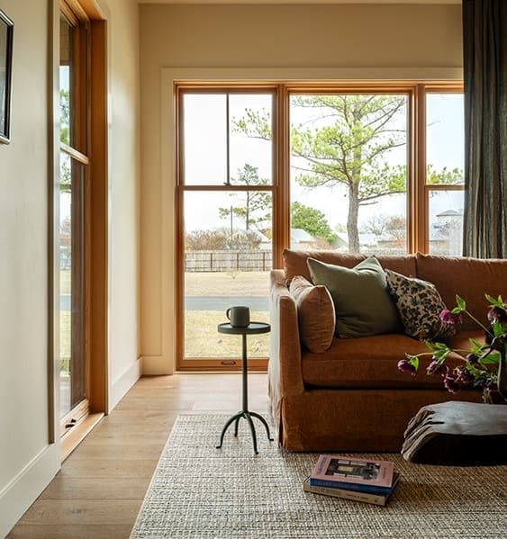 Traditional wood windows in a traditional living room with wood floors and an area rug.