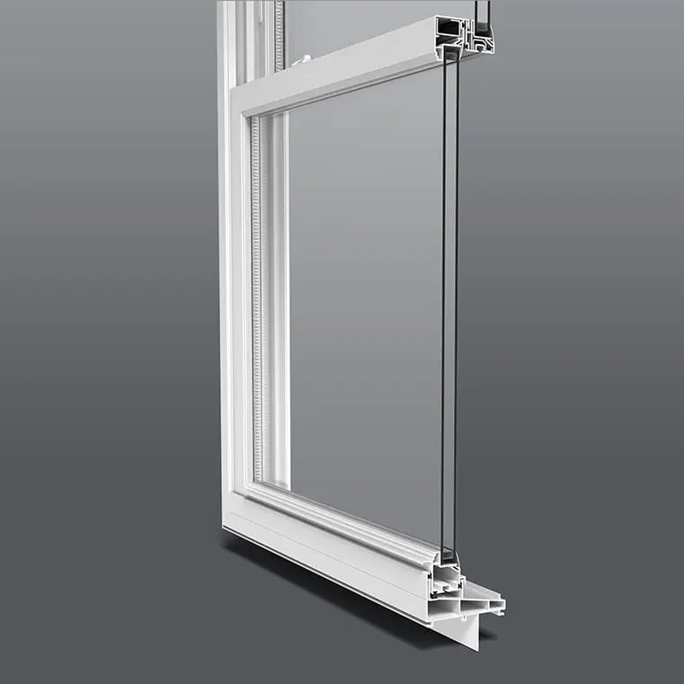 Double-glazed window frame cross-section with insulated glass, seals and sill detail, white on gray background