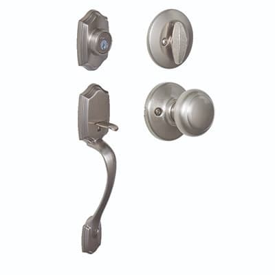 Belleview Ext. Handle/Cove Int. Knob – Satin Nickel Belleview Exterior Handle with Cove Interior Knob – Satin Nickel