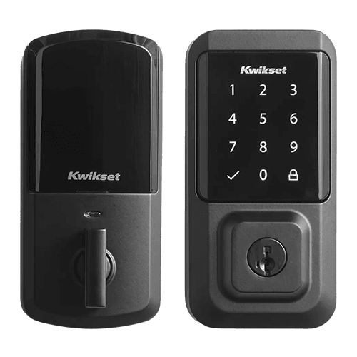 Kwikset WiFi Deadbolt – Matte Black Kwikset electronic deadbolt interior assembly in black with thumbturn and Kwikset logo