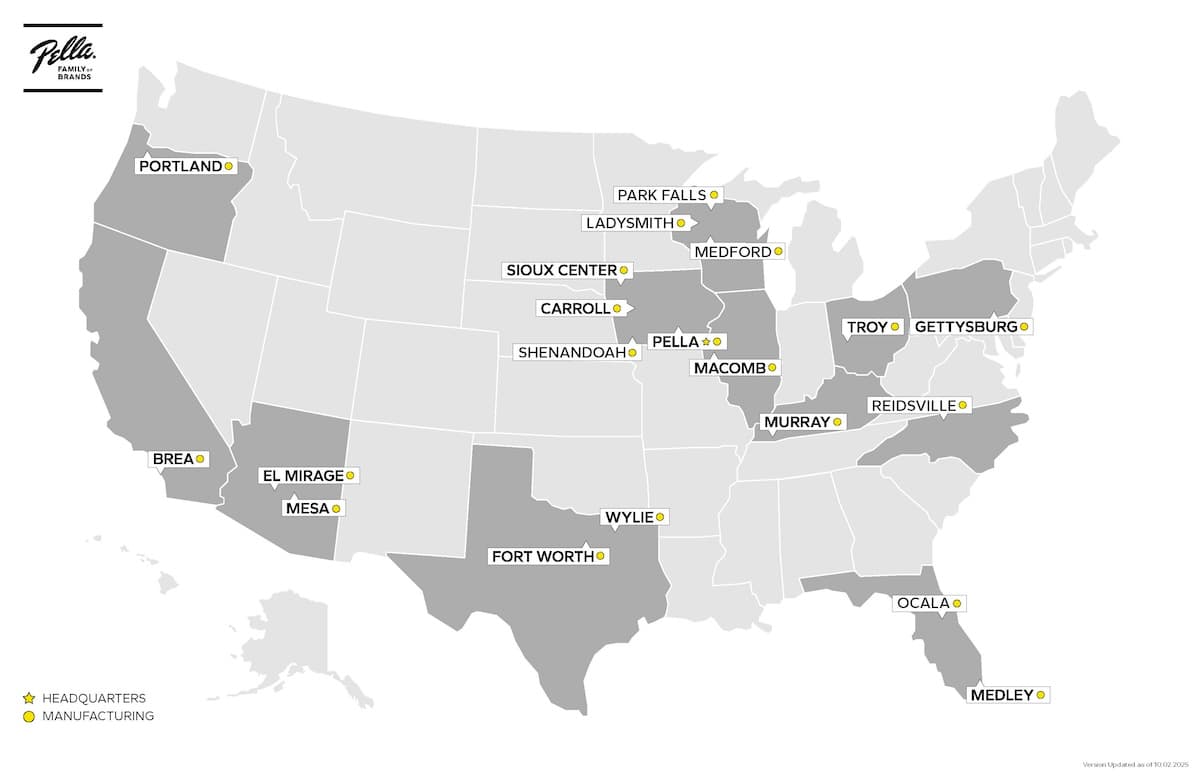 US company locations map showing offices and facilities, with highlighted cities including Portland, Des Moines, Sioux Center, Troy, and Gettysburg and a legend.