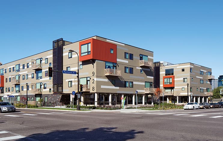 Zoomed out view of The Rose multifamily housing development.