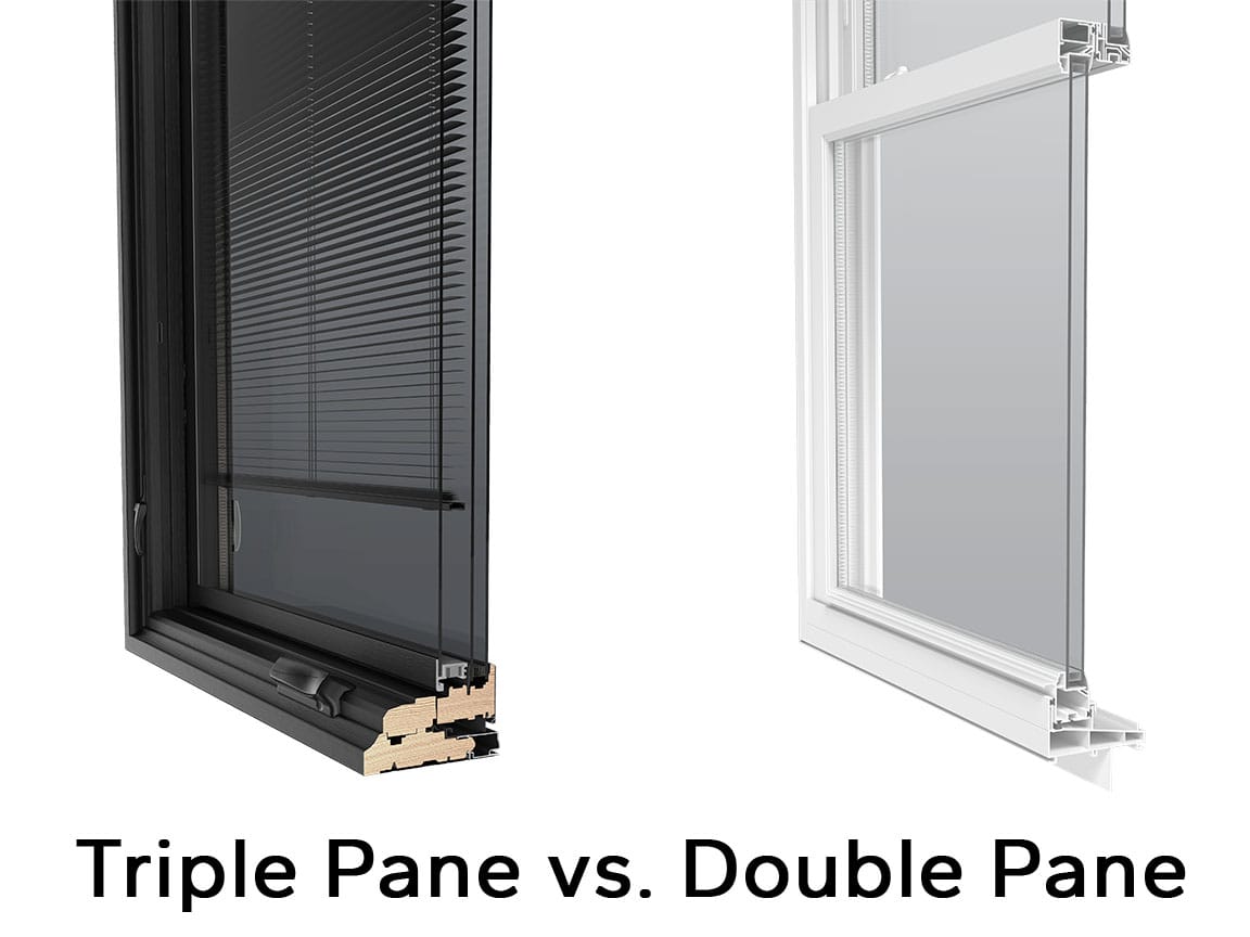 Double-pane window cross-sections: black wood-clad frame with built-in blinds alongside a white vinyl window frame.