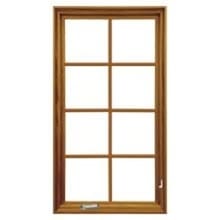 Traditional Wooden-framed six-pane window (2x3 grid) with clear glass and a small metal latch at the bottom left, wood window frame design.