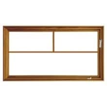Top Row Brown wooden horizontal sliding window with three-pane grid and right-side metal latch