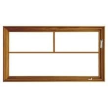 Top Row Brown wooden horizontal sliding window with three-pane grid and right-side metal latch