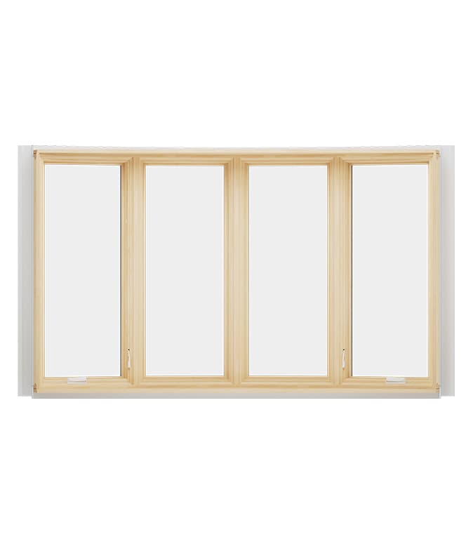 A wooden bow window featuring four panels with clear glass, ideal for natural light.