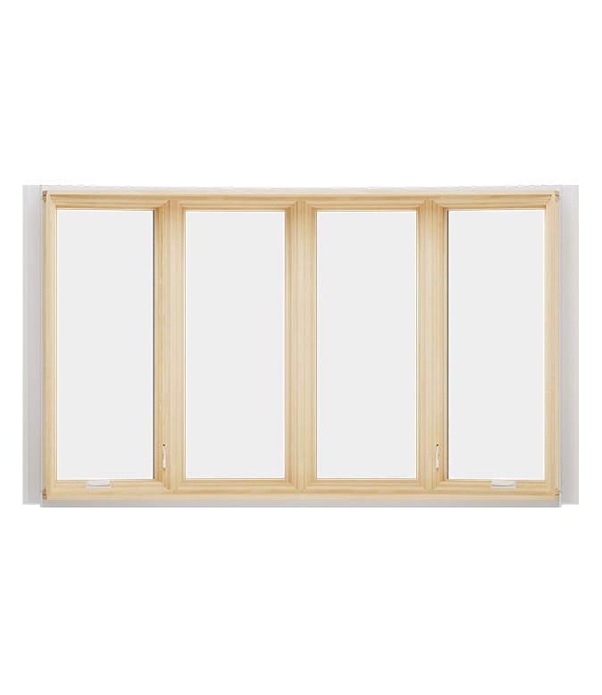 A wooden bow window featuring four panels with clear glass, ideal for natural light.