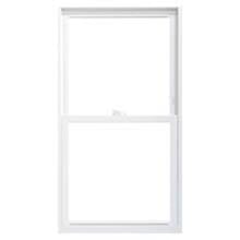 No Grilles White vinyl single-hung double-pane window with center sash lock, isolated on white background