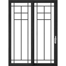 14-Lite Prairie Black metal-framed double sliding glass patio door with geometric grid grille pattern and right-side handle