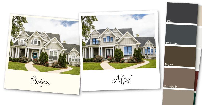 DesignWorks White House before and after windows and doors with an attached paint swatch