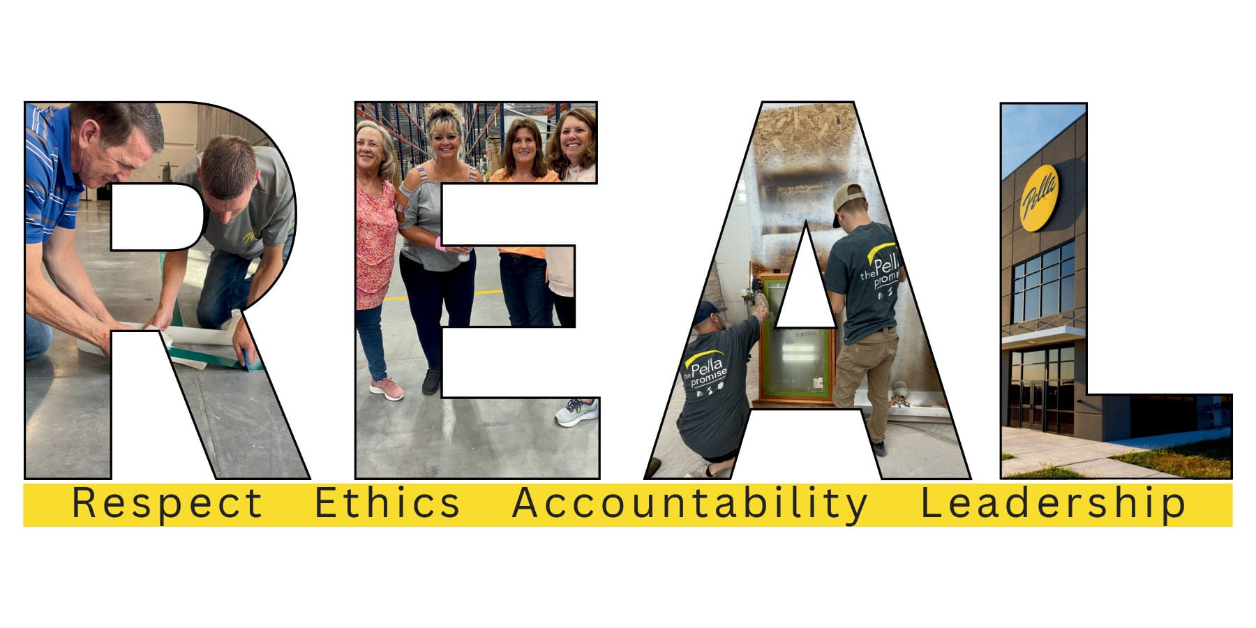 Kansas Pella Careers core values diagram highlighting respect, ethics, leadership, and accountability.