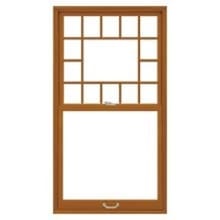 Victorian Brown wood double-hung window with multi-pane (divided-light) upper sash and single-pane lower sash, interior view