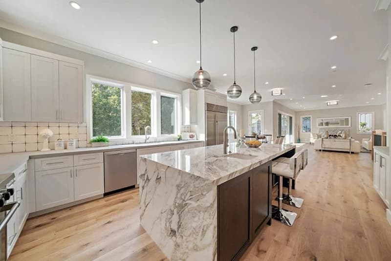White Casement Windows Brighten Contemporary Kitchen Kitchen in new construction Hillsborough home highlighting casement windows.