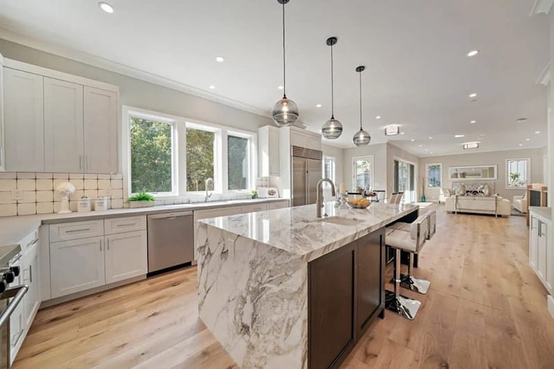 White Casement Windows Brighten Contemporary Kitchen Kitchen in new construction Hillsborough home highlighting casement windows.