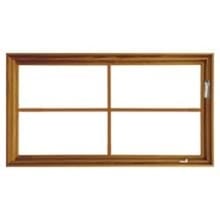 Custom Wood-framed casement window with center cross muntins and right-side handle, product shot on white background