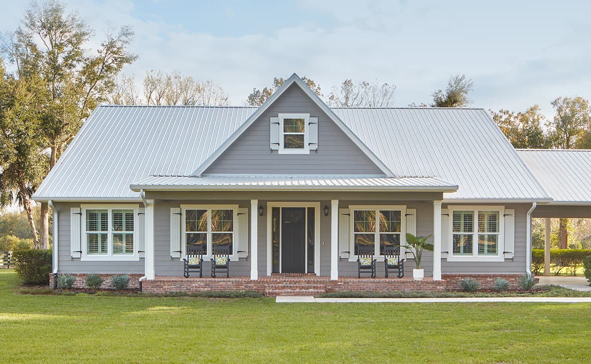 exterior of a simple single-story gray home