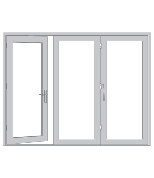 Three-panel gray-framed patio door with large glass panes and left casement door ajar