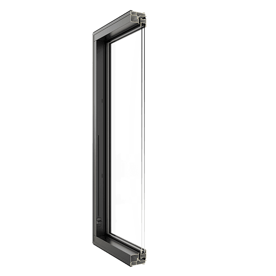 the cross section of a black fiberglass casement window