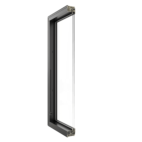 the cross section of a black fiberglass casement window