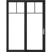 Top Row Black-framed two-panel sliding glass patio door with divided transom windows and right-side handle