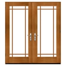 Prairie Wood-framed French double doors with clear glass panels, rectangular muntins, and brushed metal handles