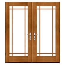 Prairie Wood-framed French double doors with clear glass panels, rectangular muntins, and brushed metal handles