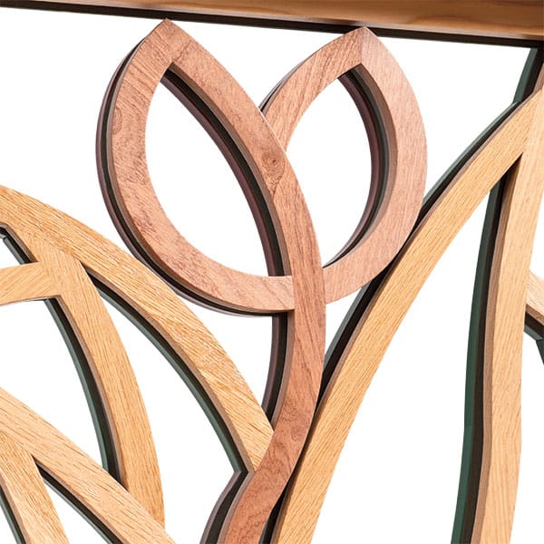 A natural wood custom-shaped window.