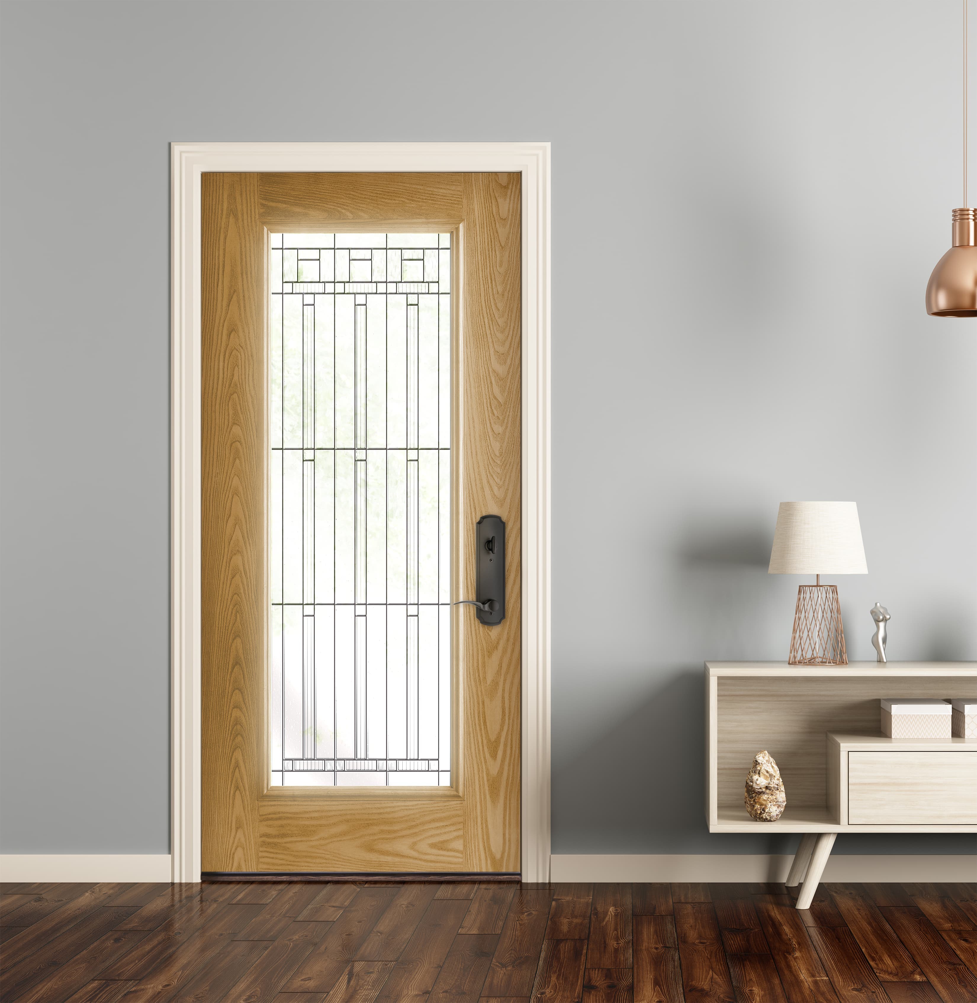 Contemporary Glass Front Door Emphasizes Modern Décor Wheat stain fiberglass door with contemporary glass and black hardware